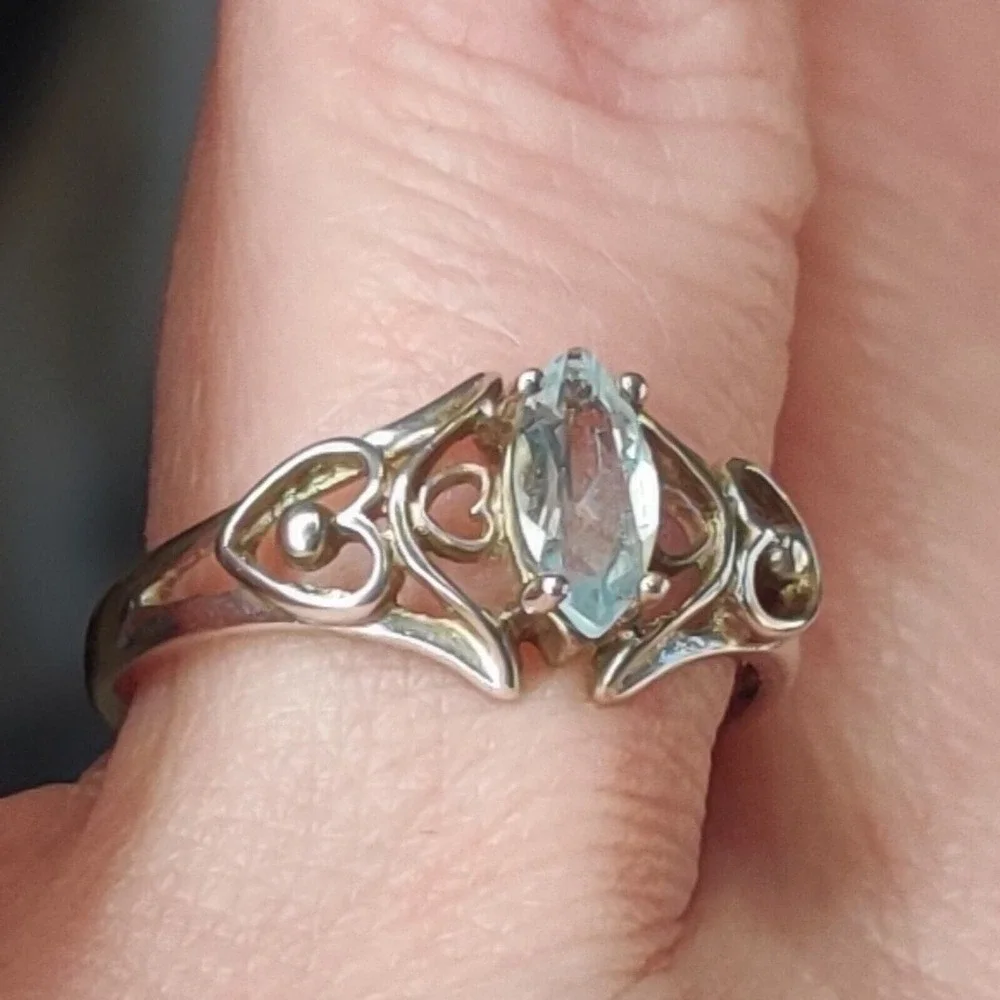 Sterling Silver 925 Blue Oval Topaz December Birthstone Ring Double Heart Size 7
